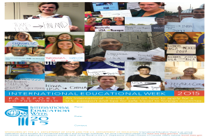 Ein Plakat für die Internationale Bildungswoche 2015, das eine Gruppe von Menschen mit Schildern zeigt und Text enthält, der Informationen zum Event liefert.