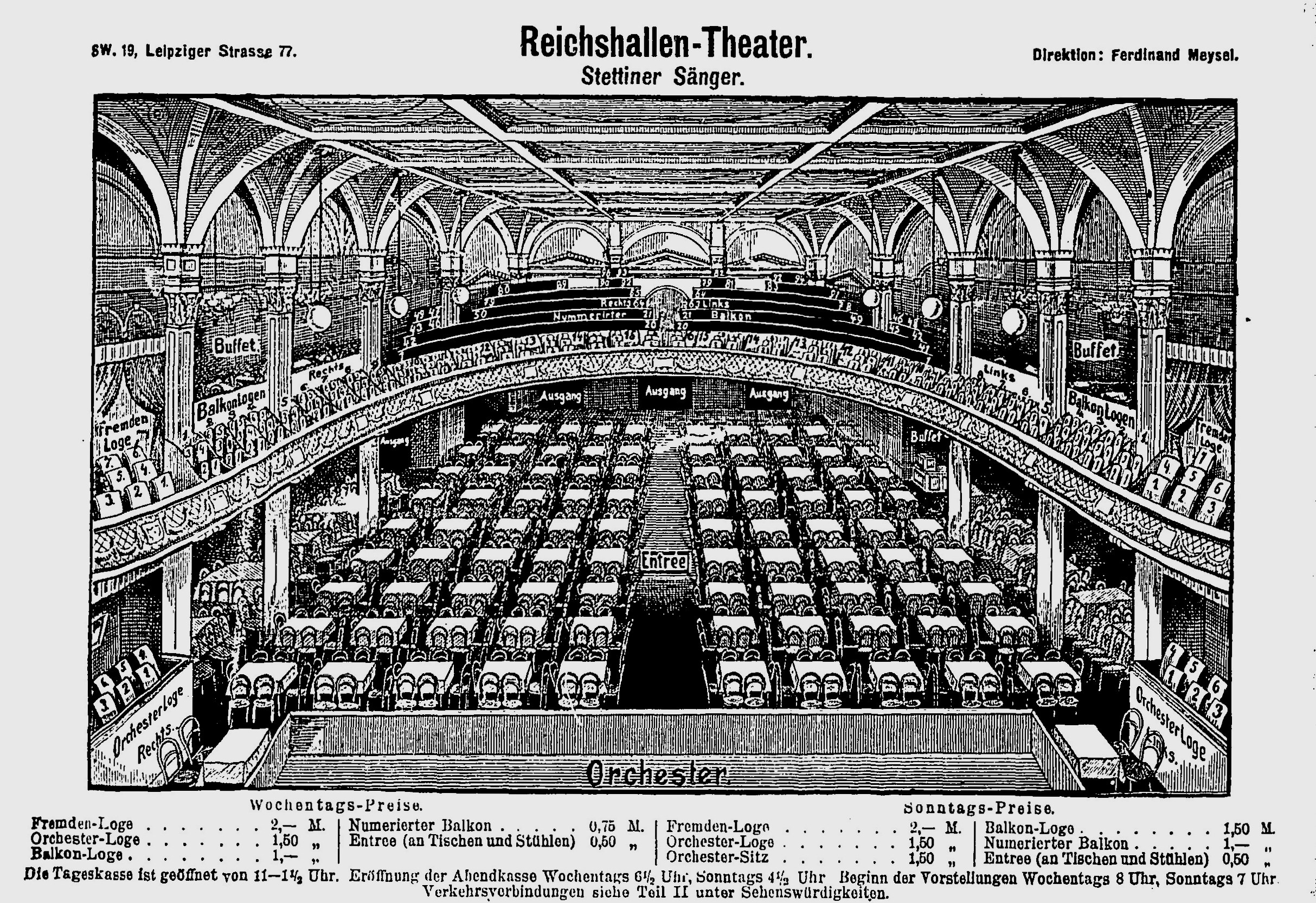 Schwarzes und weißes architektonisches Zeichnung des Reichshallen Theaters in Berlin, das das Auditorium mit Sitzreihen, Säulen und Decke zeigt, zusammen mit Text am Boden.