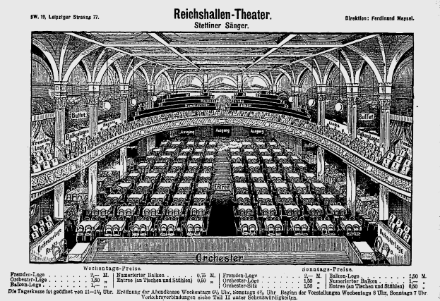 Schwarzes und weißes architektonisches Zeichnung des Reichshallen Theaters in Berlin, das das Auditorium mit Sitzreihen, Säulen und Decke zeigt, zusammen mit Text am Boden.