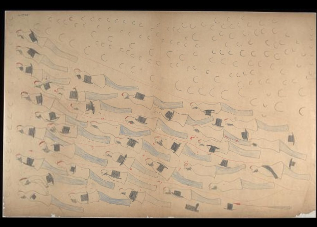 Schwarzumrandetes Bild von Menschen, die im Einklang in einem Gewässer schwimmen, das Bewegung und Energie vermittelt.