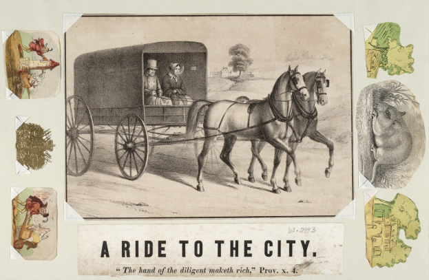 Pferdewagen mit zwei Passagieren, umgeben von Bäumen, mit "eine Fahrt in die Stadt"-Text unten.