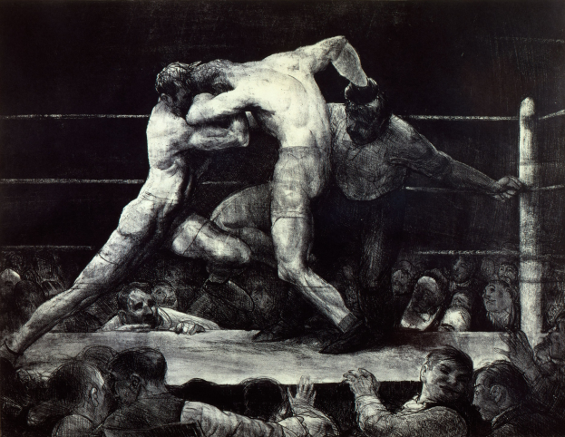 Schwarze und weiße Zeichnung von zwei Boxern in einem Ring, die sich gegenseitig mit Faustschlägen traktieren, während eine jubelnde Menge zusieht.