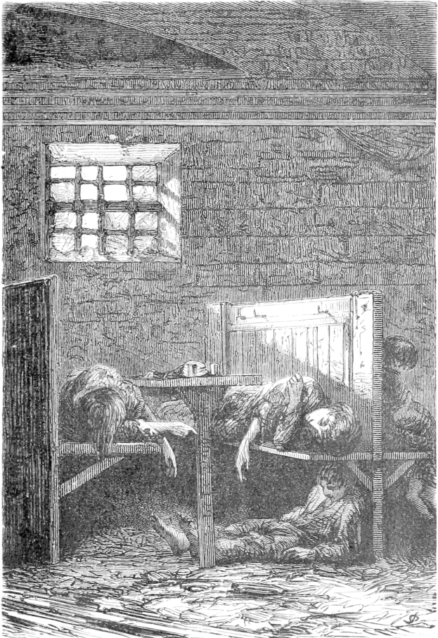 Eine Schwarz-Weiß-Illustration einer besorgten Gruppe von Menschen in einem Gefängniszimmer, wobei einige auf Betten liegen und andere stehen, und ein Text unten mit der Aufschrift "Victorianische Illustration eines Zimmers in einem Gefängnis".