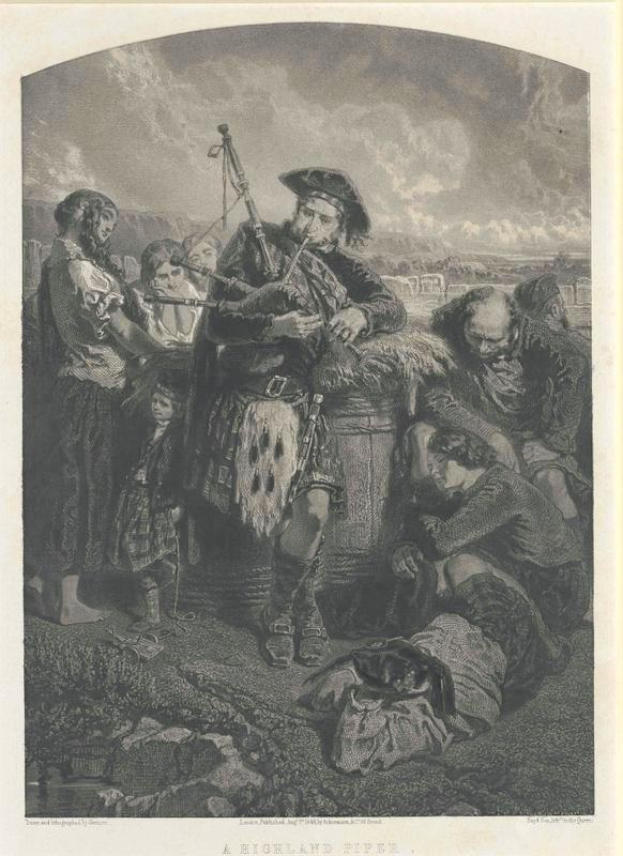 Schwarze und weiße Gravur eines Mannes, der vor einem Publikum eine Dudelsack spielt, mit dem Text "Ein Highland-Pfeife" unten.