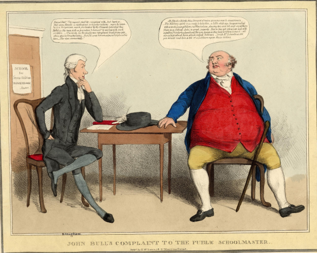 Illustration von John Bull, der mit verschröckten Armen vor einem Tisch mit einem Hut und Papieren steht und zwei sitzende Personen ansieht, in einem Raum mit einer Tür und einem Papier an der Wand.