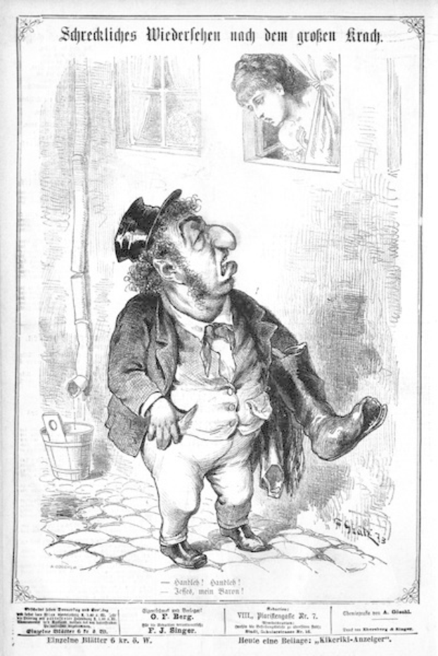 Cartoon-Illustration eines Mannes mit Zylinder und einer Frau in einem Kleid, die neben einer Wand mit Fenster, Eimer und anderen Gegenständen stehen, mit Text unten, der lautet: "F. J. Singer, der erste deutsche Politiker, der in den Kongress gewählt wurde."