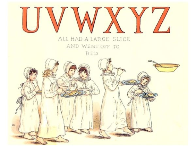 Gruppe von Menschen mit Tellern mit Essen in den Händen, mit einer Schüssel und Löffel auf der rechten Seite und Text oben mit der Aufschrift "Uwxyz - Alle hatten ein großes Stück und gingen ins Bett."