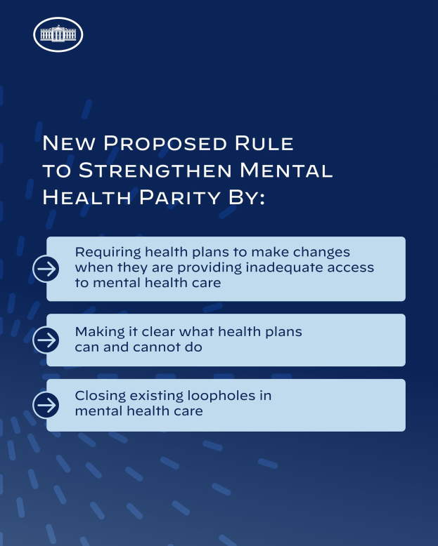 Blauer Hintergrund mit weißer Schrift und einem weißen Kreis-Logo mit einer blauen Umrandung, das eine neue Regel zur Stärkung der geistigen Gesundheit umreißt.