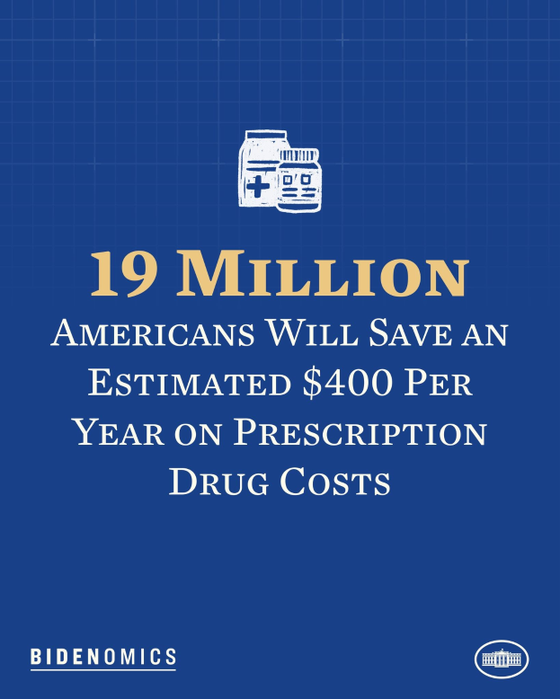 Blauer Hintergrund mit weißer Schrift und einem Logo mit der Aufschrift "19 Millionen Amerikaner werden geschätzte 400 USD pro Jahr an Arzneikosten sparen."