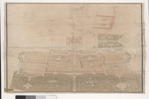 Ein detaillierter Stadtplanentwurf mit zahlreichen Gebäuden, einem prominenten zentralen Gebäude und begleitendem Text.