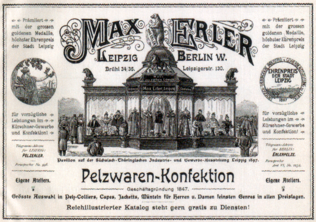 Eine Vintage-Werbung für Max Erler Leipzig in Berlin, Deutschland, die eine Gruppe von Menschen vor einem Gebäude mit Werbetext zeigt.