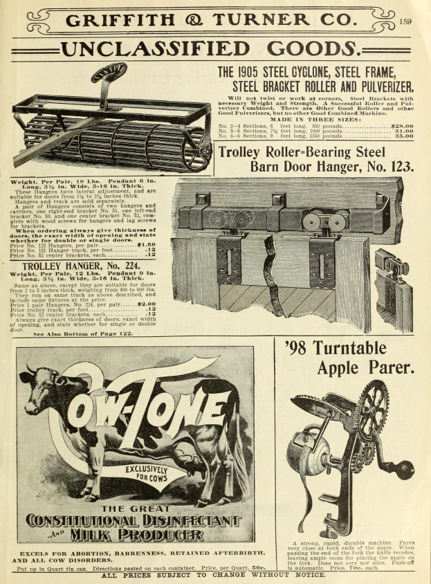 Eine alte Werbung mit einer zentralen Kuh und einer Maschine auf jeder Seite, umgeben von fettem Text und einem dekorativen Rahmen.