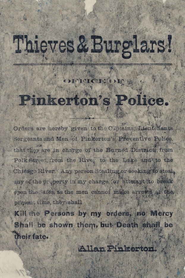 Plakat mit fettem schwarzen Text "Diebe & Einbrecher Pinkerton's Police" auf einem weißen Hintergrund, der von einem schmalen schwarzen Rand eingerahmt ist.