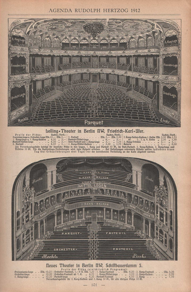 Ein altes Buch mit einer Zeichnung eines großen Auditoriums in Berlin, Deutschland aus dem Jahr 1912, begleitet von Text, der das Layout des Theaters beschreibt.