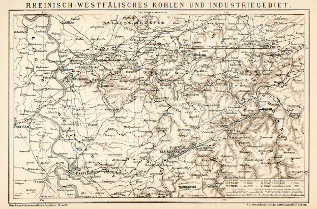 Ein altes Kartenbild des Rheinisch-Westfälischen Kohlen- und Industriegebietes, das Flüsse, Berge und Städte mit Text oben und unten zeigt.