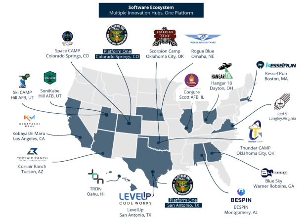 Eine Karte der Vereinigten Staaten, die Unternehmenslogos anzeigt, um die Standorte des Software-Ökosystems darzustellen, mit zusätzlichem Text, der Details über die Unternehmen und ihre Positionen bereitstellt.