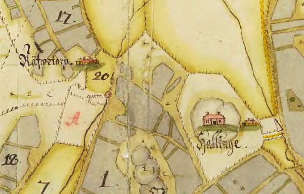 Ein detaillierter alter Stadtplan mit einem prominent im Zentrum befindlichen Haus, umgeben von Straßen, Gebäuden und Sehenswürdigkeiten.