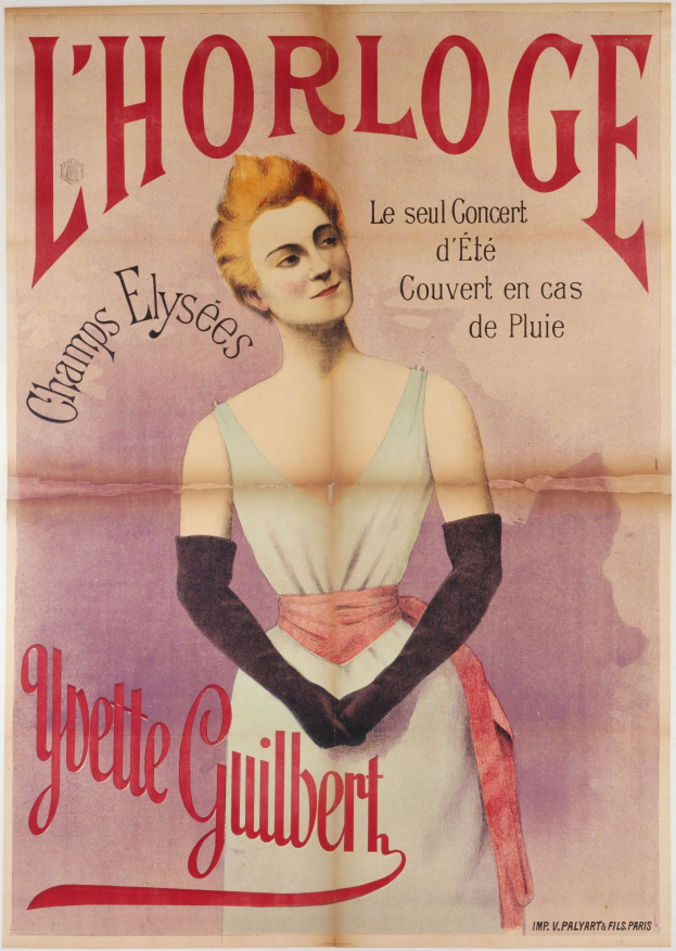 Ein Plakat, das ein Konzert mit einer Frau in einem weißen Kleid ankündigt, die vor einer Bühne mit einem Mikrofon steht und vor einem hellgelben Hintergrund posiert.