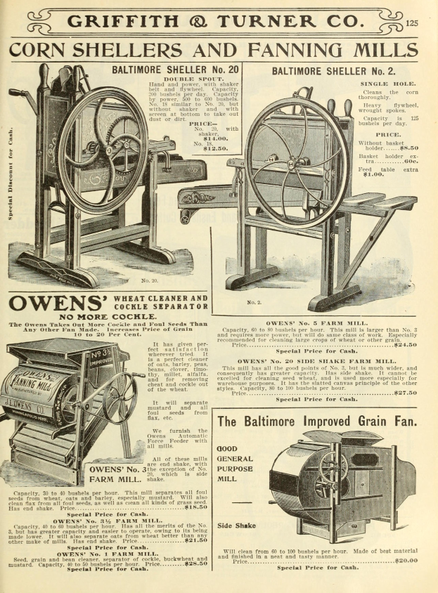 Werbung für die Maiskolben-Schälmaschinen und Fanning-Mühlen von Griffith & Turner Co., zeigt Bilder der Maschinen und beschreibt ihre Funktionen.