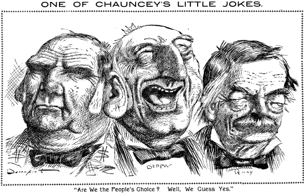 Ein Plakat mit einer Zeichnung von drei lachenden Menschen und dem Text "Einer von Chaunceys kleinen Scherzen" oben und unten.