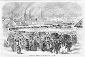 Eine Schwarz-Weiß-Zeichnung einer Gruppe von Menschen, die vor einer Fabrik mit Häusern und Rauch aus den Schornsteinen im Hintergrund stehen, mit Text unten, der 'Kohlebergbauunglück in England das Ende' lautet.