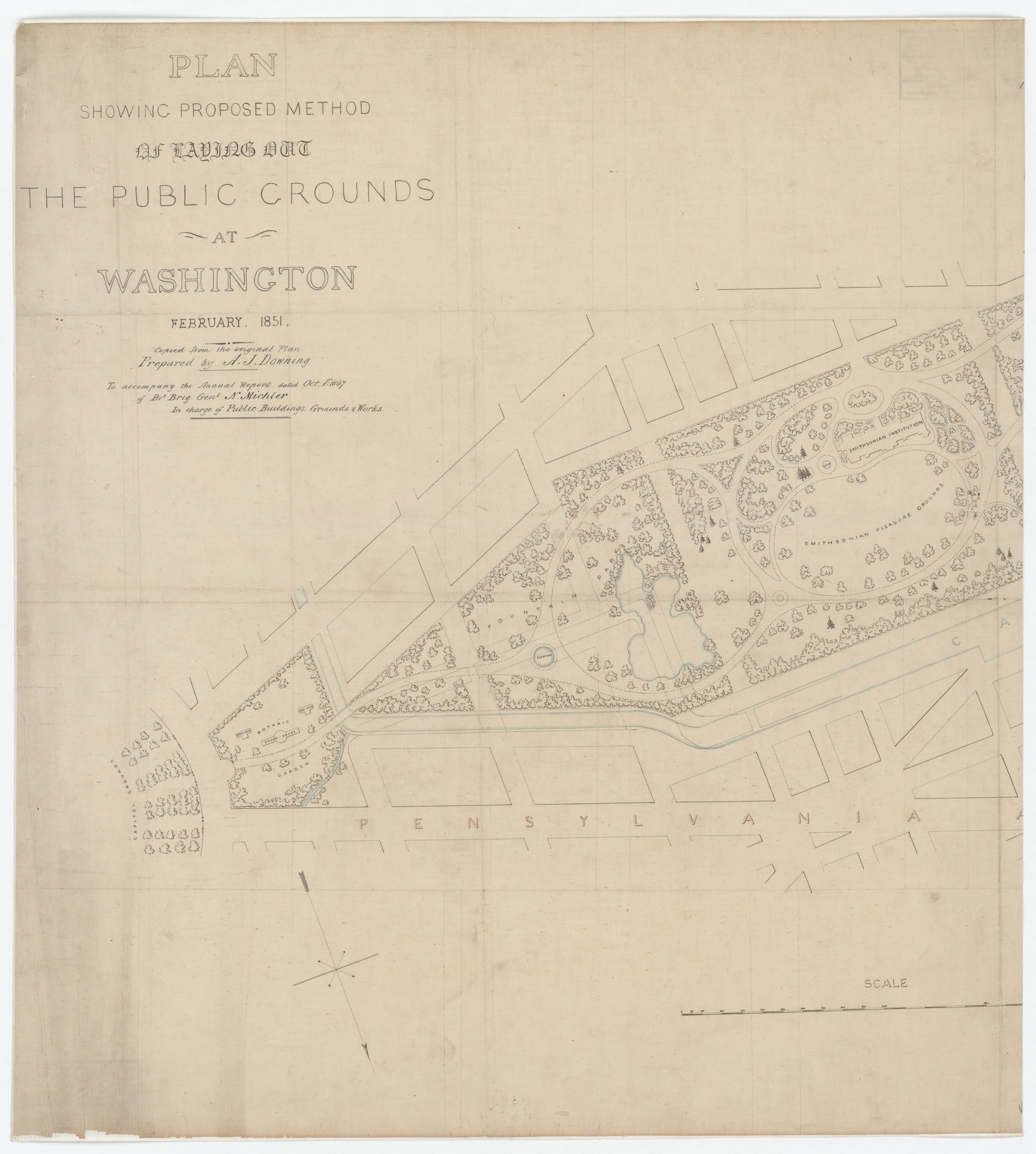Ein detaillierter Plan der öffentlichen Flächen in Washington, der verschiedene Flächen und Pfade zeigt, mit darauf geschriebenem Text.