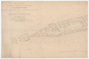 Ein detaillierter Plan der öffentlichen Flächen in Washington, der verschiedene Flächen und Pfade zeigt, mit darauf geschriebenem Text.