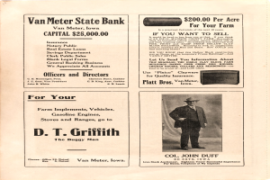 Eine alte Werbung für die Van Meter State Bank mit einem Mann im Anzug und Hut, auf der Texte die Dienstleistungen des Banken anpreisen.