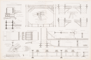 Ein detailliertes Bild einer Eisenbahnbrücke in einem Buch, das ihre Bögen, Balken und andere konstruktive Merkmale zeigt, mit begleitendem Text zur Beschreibung ihrer Konstruktion.