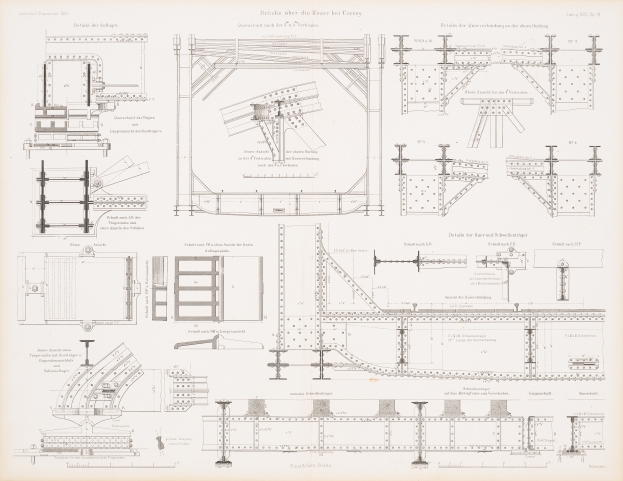 Ein detailliertes Bild einer Eisenbahnbrücke in einem Buch, das ihre Bögen, Balken und andere konstruktive Merkmale zeigt, mit begleitendem Text zur Beschreibung ihrer Konstruktion.