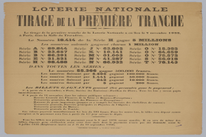 Ein Papier mit dem Text "Loterie Nationale Tirage de la Première Tranche", das auf einen Lotterieschein hinweist.
