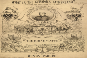 Eine Zeitung mit Bildern von Menschen und Text, der lautet: "Was ist das Vaterland der Deutschen? Die Rheingarde von Henry Parker."