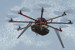 Eine schwarze Drohne mit einer Kamera fliegt durch die Luft vor einem weißen Hintergrund.