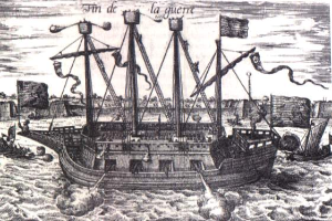 Eine Gravur eines Piratenschiffs, das auf einem weiten blauen Meer segelt, mit ein paar Menschen an Bord und Text oben.