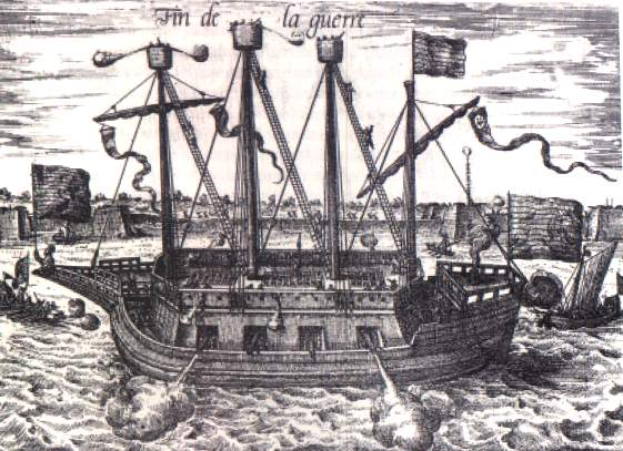 Eine Gravur eines Piratenschiffs, das auf einem weiten blauen Meer segelt, mit ein paar Menschen an Bord und Text oben.