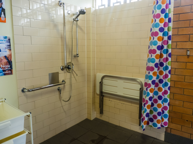 Ein barrierefreies Badezimmer mit einer Dusche mit Handläufen, einem Vorhang, einer Wand mit Postern, einem Ständer mit Tablett und einem Fenster.