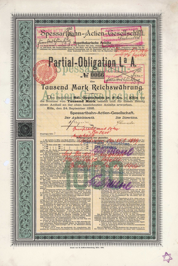 Ein altes deutsches Wertpapier, das von der deutschen Regierung ausgegeben wurde und Text sowie einen Stempel enthält.