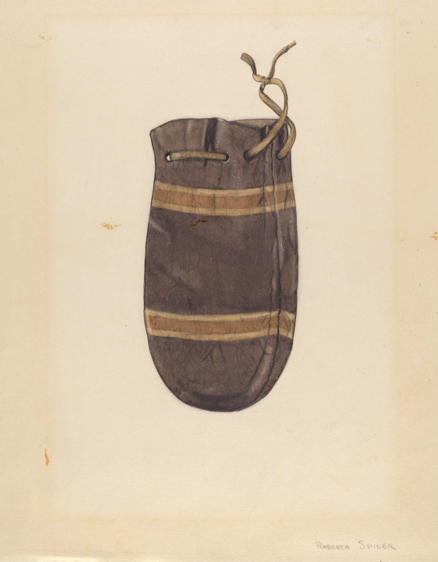 Eine braune Papiertüte mit Henkel und vorderer Reißverschluss auf einem Blatt Papier mit handgeschriebener Schrift.