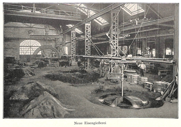 Schwarzes und weißes Foto eines Fabrikinneren mit Arbeitern an Maschinen, Metallstangen und Pfählen, beschriftet mit "Neue Eisenglebeerei, die erste Fabrik in Deutschland" unten.