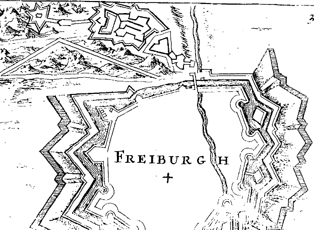 Eine Schwarz-Weiß-Karte von Freiburg, Deutschland, mit Straßen, Gebäuden und Sehenswürdigkeiten, versehen mit Text.