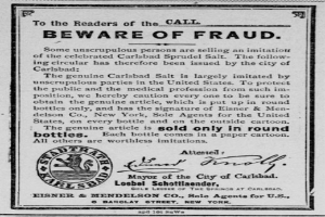 Ein schwarz-weißes Plakat mit einer Betrugswarnung, das den Text "Carlsbad Spruud Salt" und ein Firmenlogo zeigt.