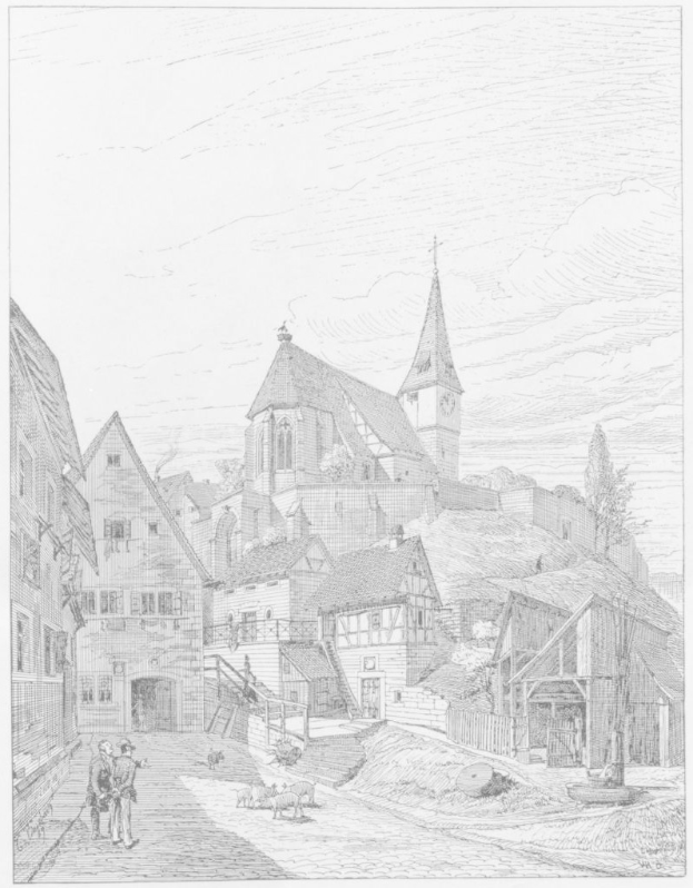 Schwarz-weiß-Illustration einer StraßenSzene in Heidelberg, Deutschland, mit einer Kirche im Hintergrund, umgeben von Gebäuden, Menschen, Tieren, Bäumen und Himmel, mit der Bildunterschrift "Die Kirche der Heiligen Dreifaltigkeit im alten Stadtkern von Heidelberg, Deutschland" unten.