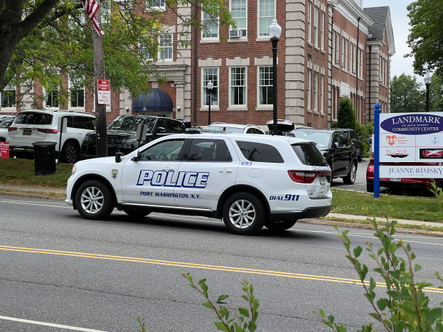 Ein Polizeiwagen, der auf der Seite einer Straße vor einem Gebäude mit Fenstern, Laternenmasten, Schildern, einer Fahne, Bäumen und einem Müllcontainer im Vordergrund geparkt ist, unter einem bewölkten Himmel.
