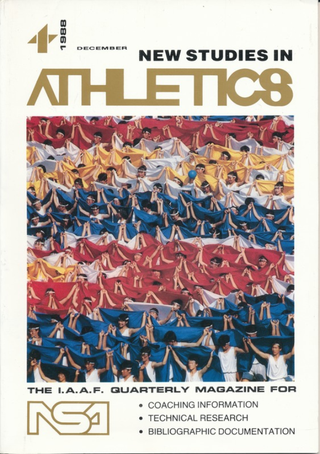 Ein Buchumschlag mit der Aufschrift "New Studies in Athletics 1988", der eine Gruppe von Menschen in Sportkleidung zeigt, die gegen einen hellblauen Himmel mit weißen Wolken und fernen Bäumen trainieren.