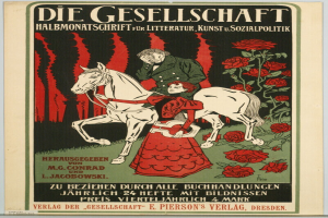 Ein deutsches Propagandaplakat mit einem Mann und einer Frau auf einem Pferd umgeben von Rosen, mit Text zur Ereignisinformation.