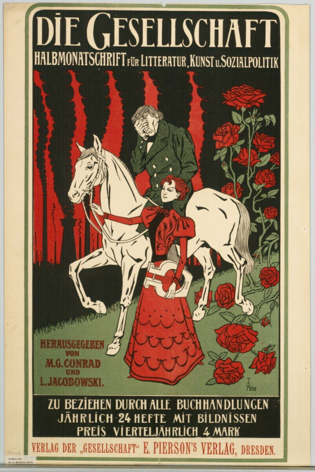 Ein deutsches Propagandaplakat mit einem Mann und einer Frau auf einem Pferd umgeben von Rosen, mit Text zur Ereignisinformation.