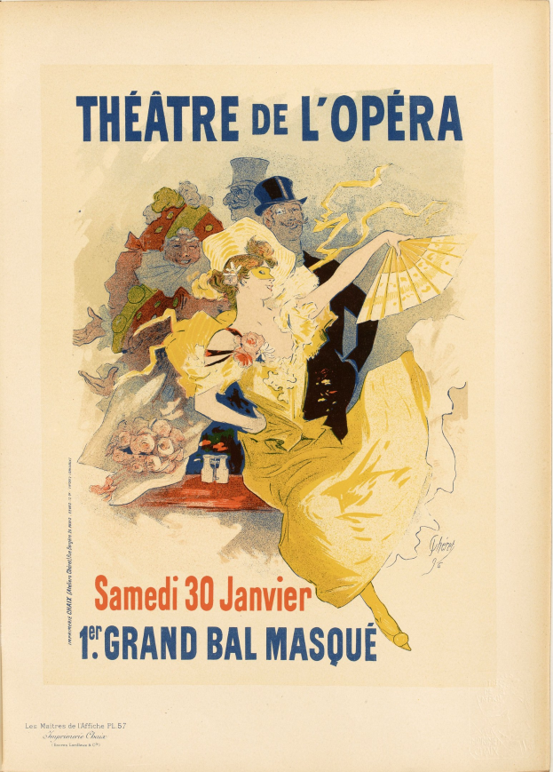 Plakat für das Théâtre de l'Opéra in Paris mit einer Frau in einem weißen Kleid mit einem blauen Schal, ihre Haare zu einem Dutt gebunden, vor einem tiefblauen Hintergrund mit Sternen und schwarzer, fetter Schrift, die 'Theater der Oper' lautet.