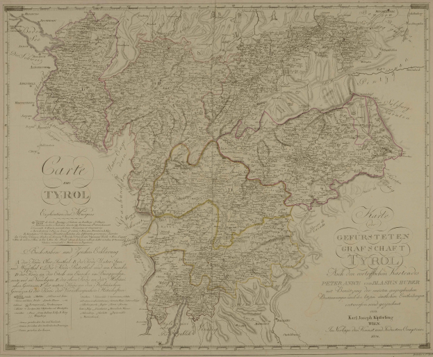 Detailiertes altes Tyroler Stadtplan, Deutschland, mit Städten, Dörfern, geografischen Merkmalen und zusätzlichen regionalen Informationen.