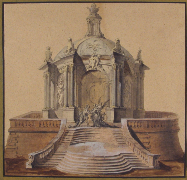 Zeichnung einer klassizistischen Brunnenanlage mit einer Statue darauf, umgeben von Stufen und weiteren Skulpturen.