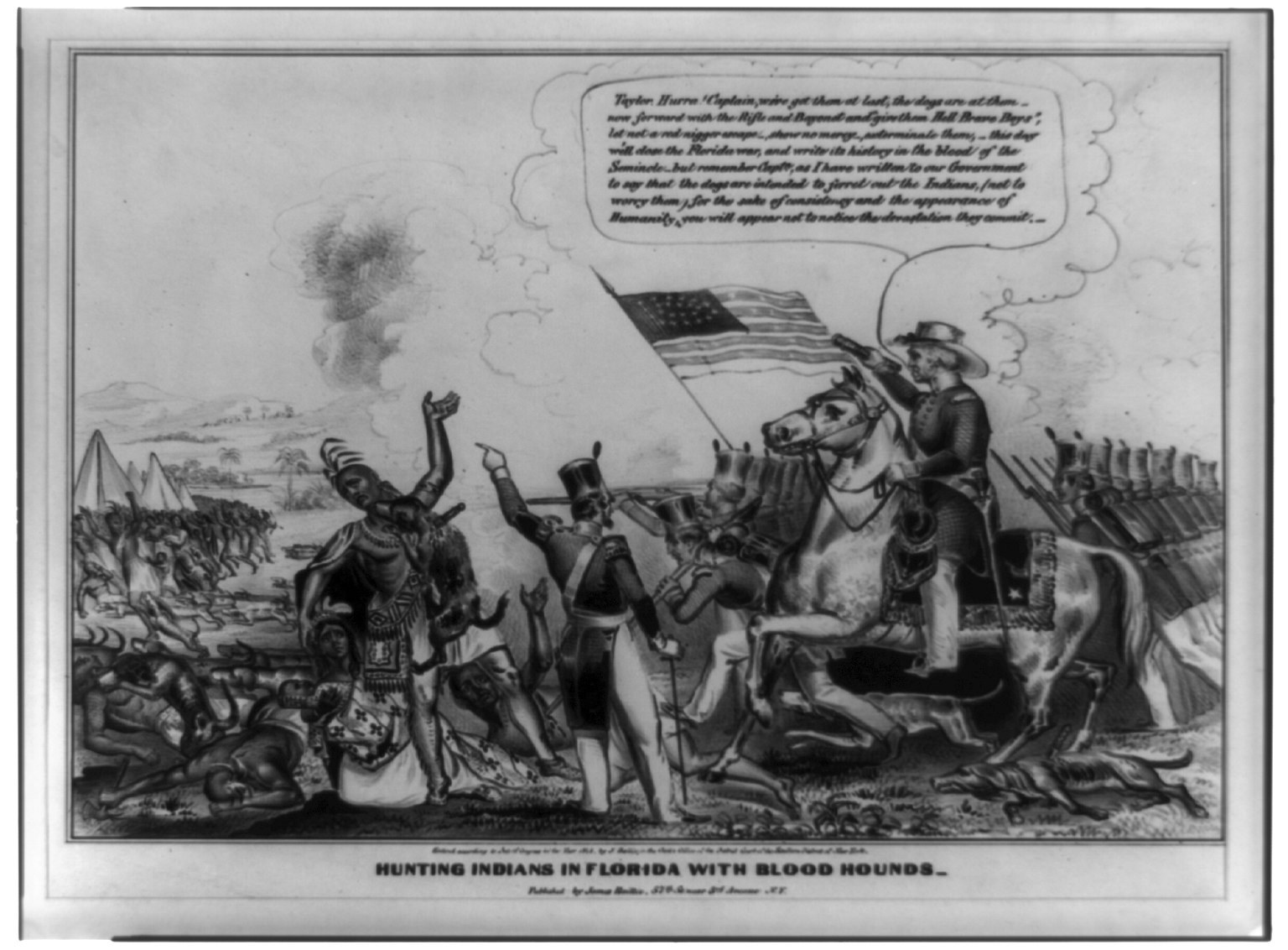 Schwarzes und weißes Foto einer Gruppe von Menschen, einige zu Pferde, mit einer Flagge im Hintergrund und Text unten mit der Aufschrift "Jagen von Indianern in Florida mit Bluthunden"
